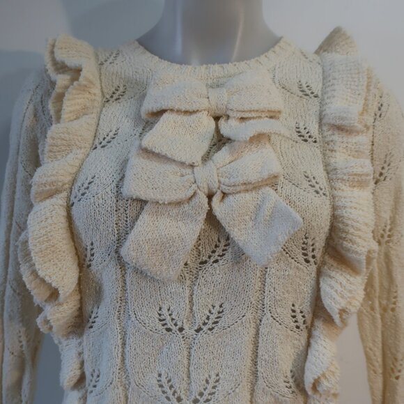 Womens LoveShackFancy Kennie Cream Double Bows  Ruffled Trim Sweater XS - Picture 6 of 11